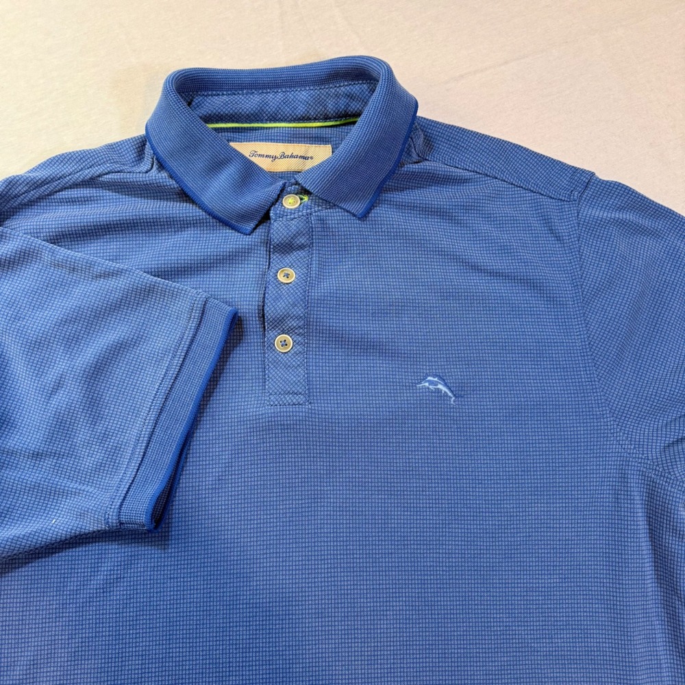 Tommy Bahama Mens Short Sleeve Polo Blue Micro-Check Embroidered Classic Preppy